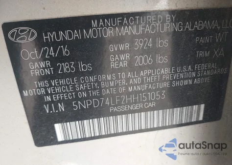 2017 Hyundai Elantra Se from USA, damaged, VIN 5NPD74LF2HH151053